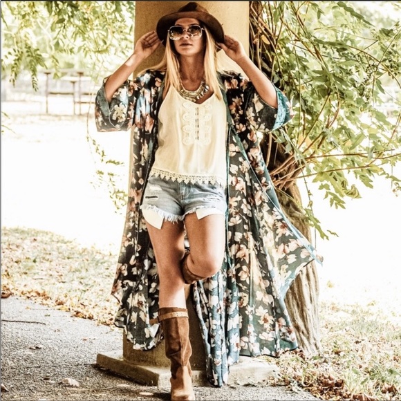 TEAL FLORAL BOHEMIAN OPEN FRONT MAXI LENGTH KIMONO - Picture 3 of 8